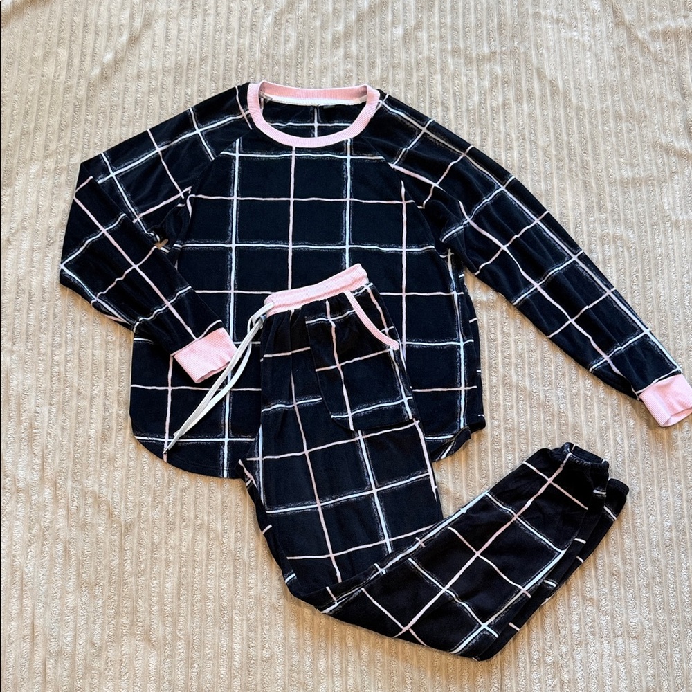 Kensie Black Grid Pajama Set with Pink Trim